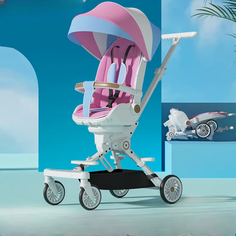 Modern baby stroller with a colorful canopy and pink seat, featuring adjustable handlebars and four wheels. A smaller image shows the stroller folded against a blue backdrop.
