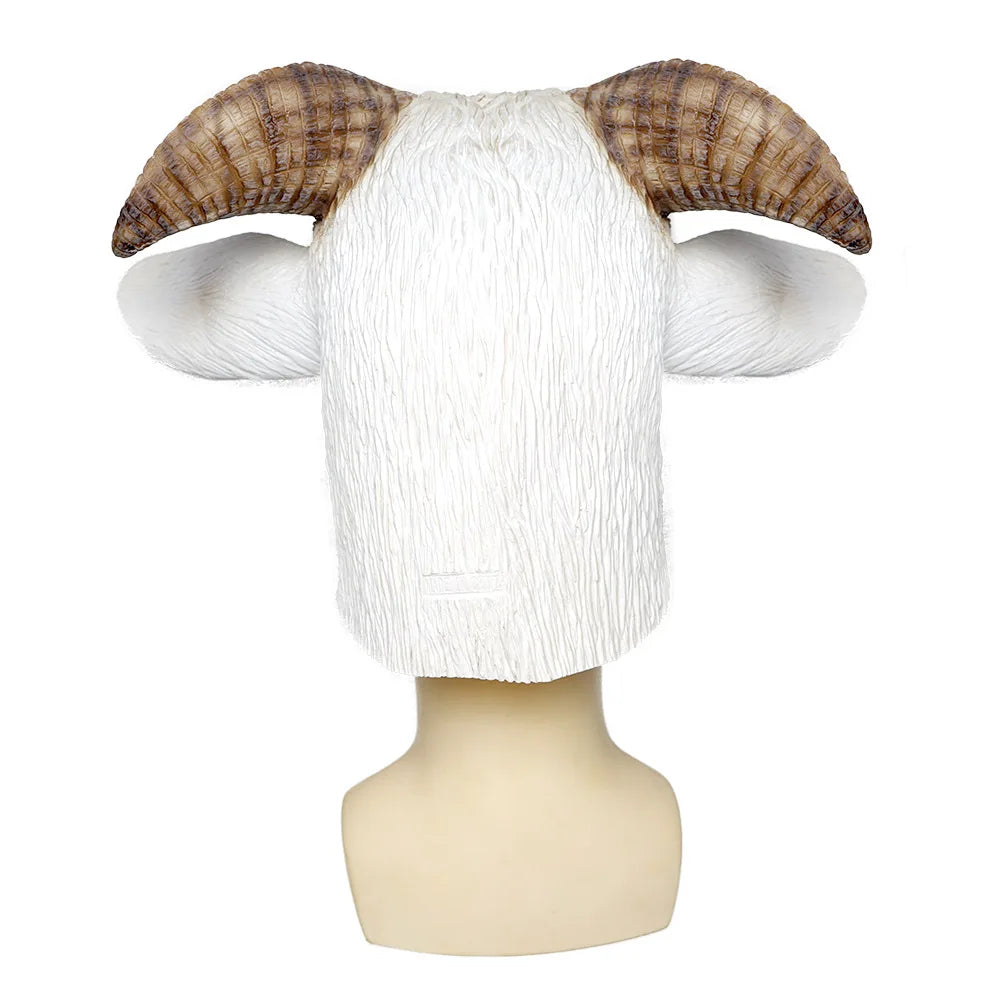 White furry mask with realistic brown ram horns on a mannequin head. The mask covers the entire head, resembling the back of a ram.