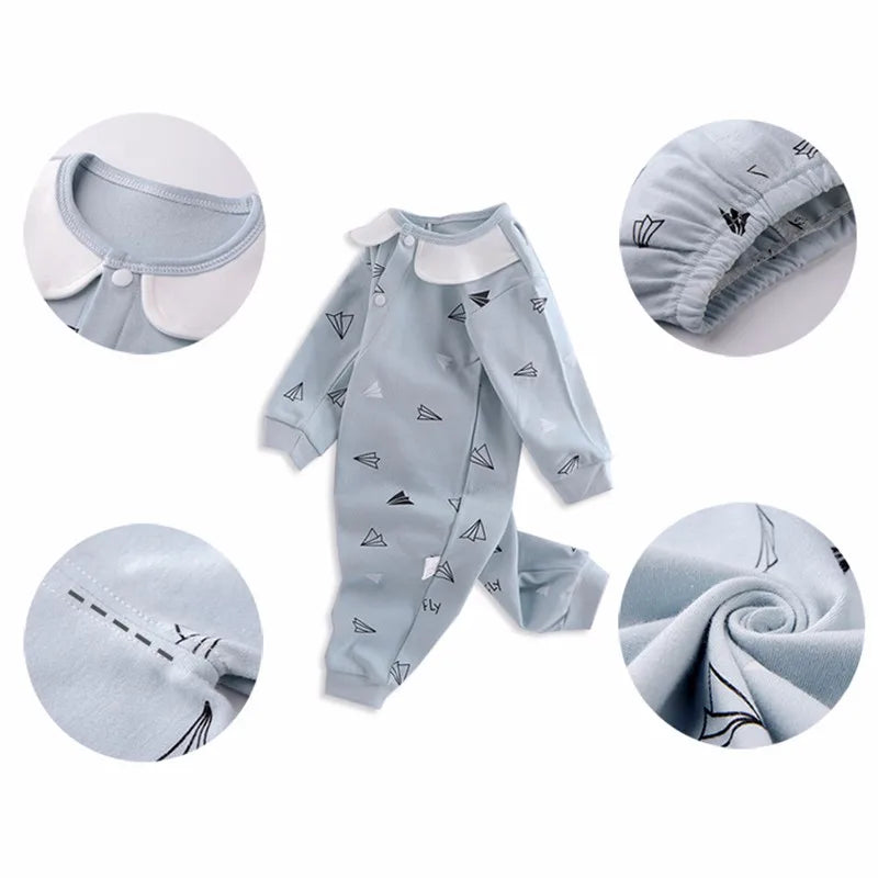 Light blue baby romper with paper airplane print, white collar, and button closure. Close-up images show fabric detail, stitching, elastic cuffs, and soft texture.