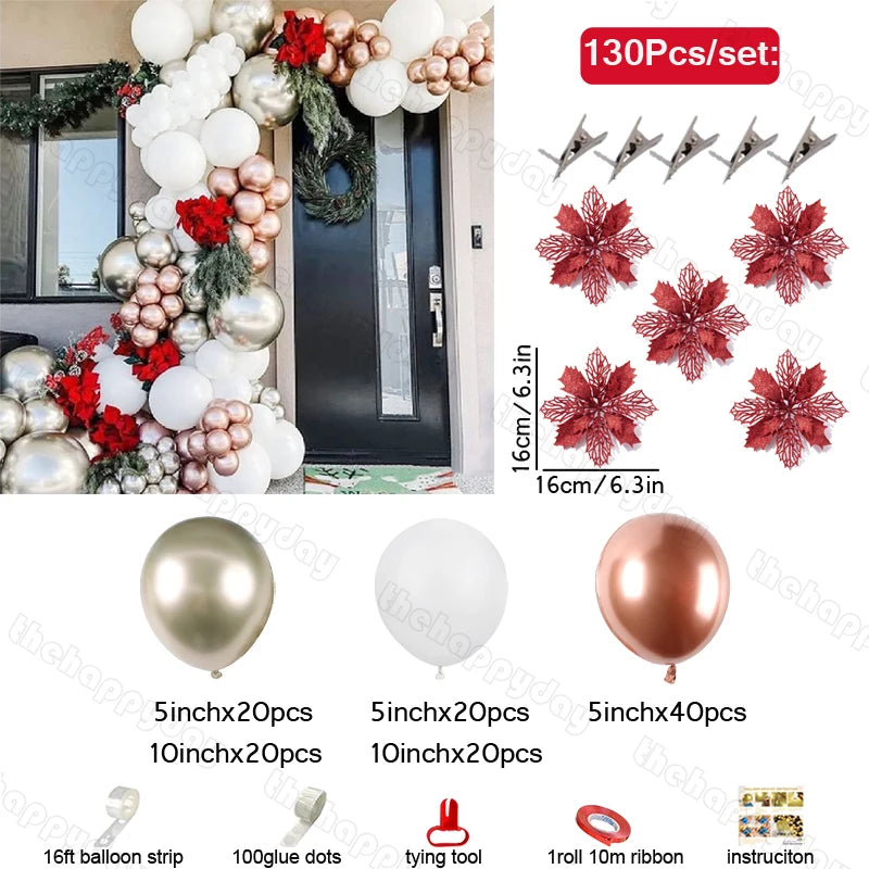 Balloon arch kit with 130 pieces, featuring white, gold, and rose gold balloons. Includes 16 red poinsettia flowers, hooks, balloon strip, and tools. Displayed around a doorway.