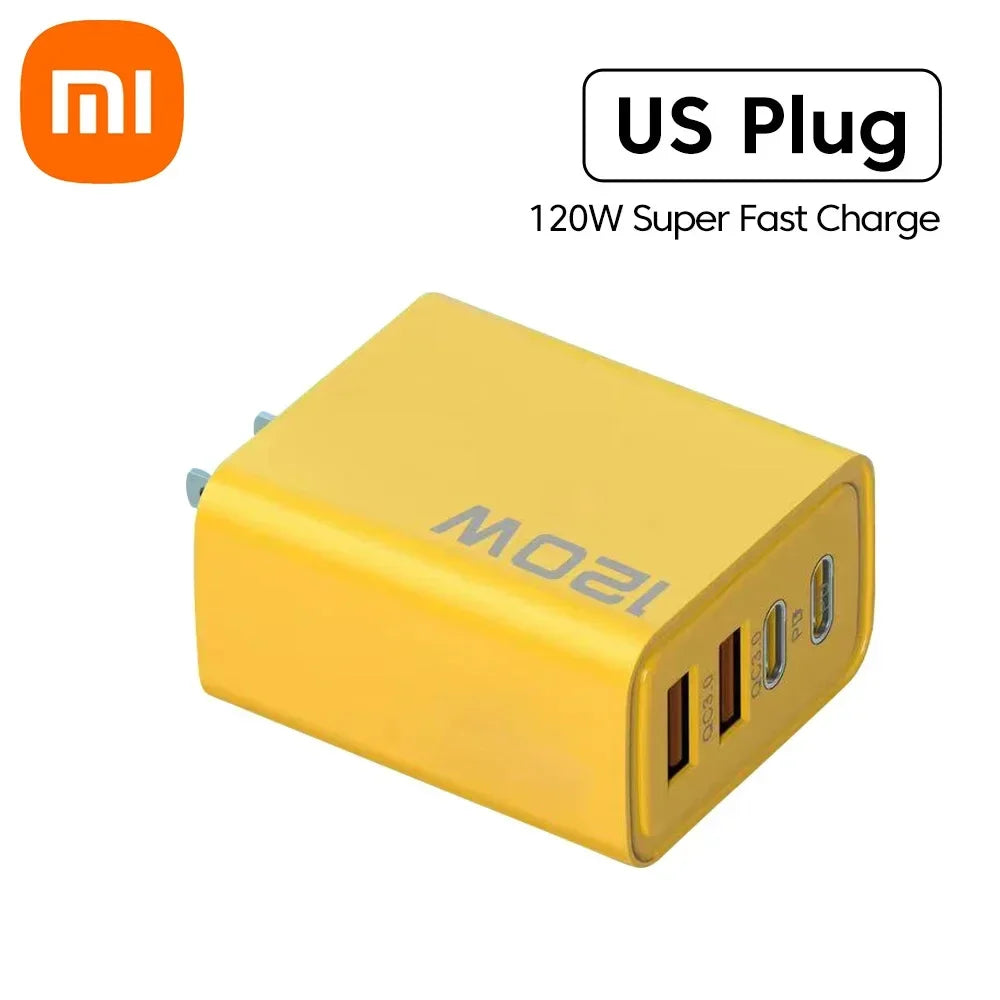 Yellow 120W super fast charger with US plug, featuring two USB-C ports and one USB-A port. The charger is displayed at an angle.