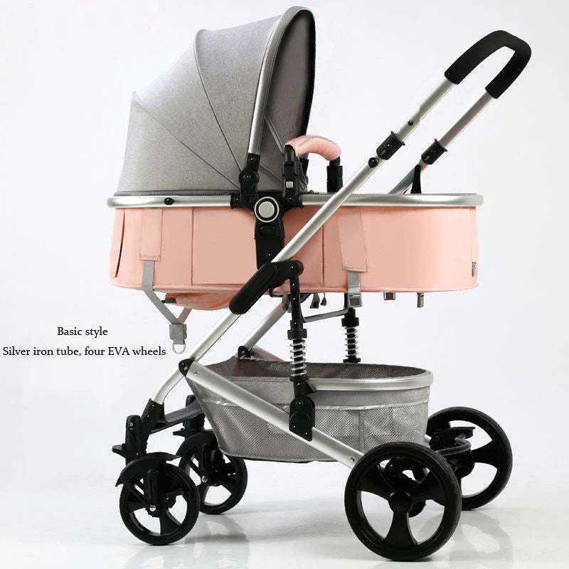 A pink baby stroller with a grey canopy, silver frame, and black handles. It has four black EVA wheels and a mesh storage basket underneath, displayed against a white background.