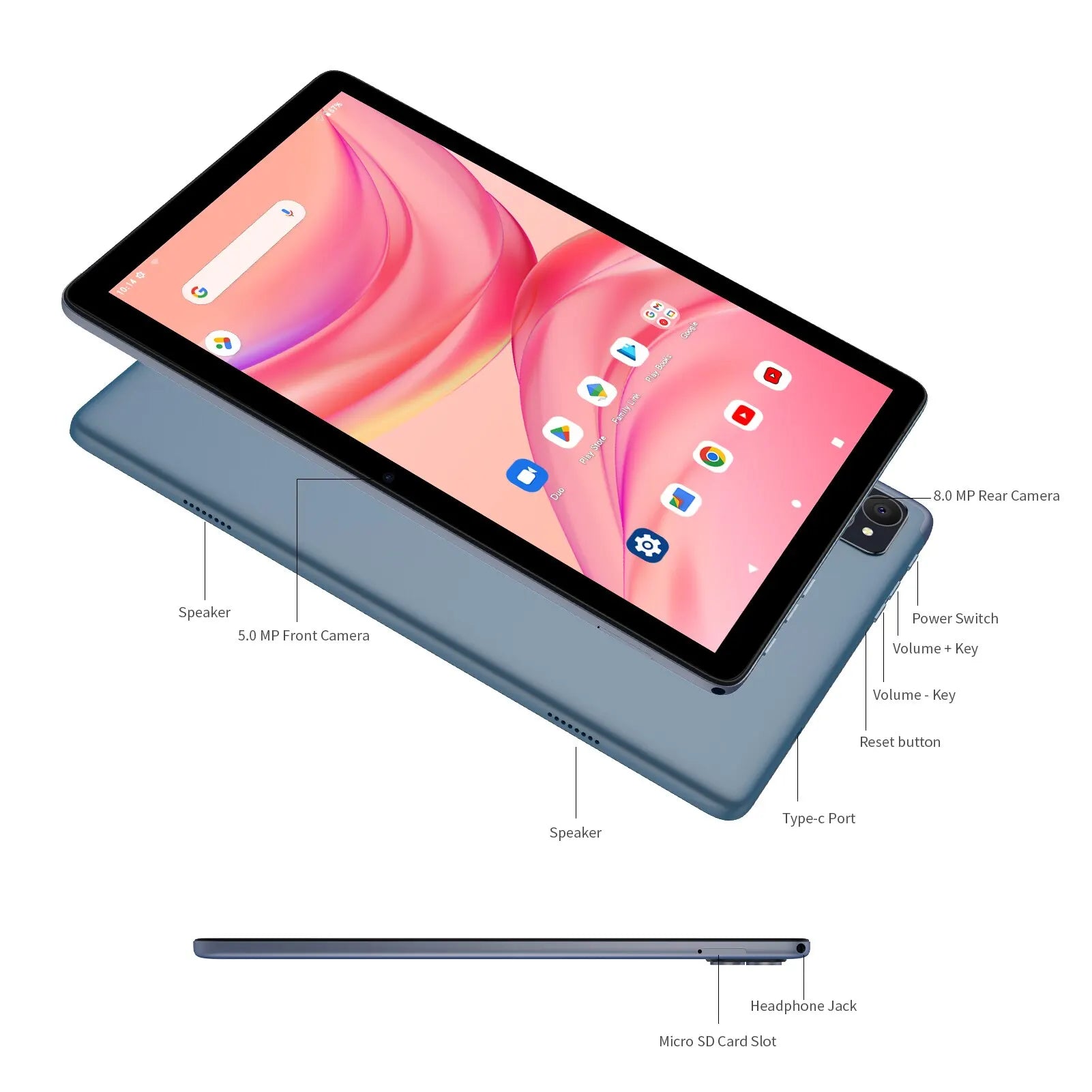A tablet with a pink-themed screen, labeled 5.0 MP front camera, 8.0 MP rear camera, speakers, power switch, volume keys, reset button, Type-C port, micro SD slot, and headphone jack.