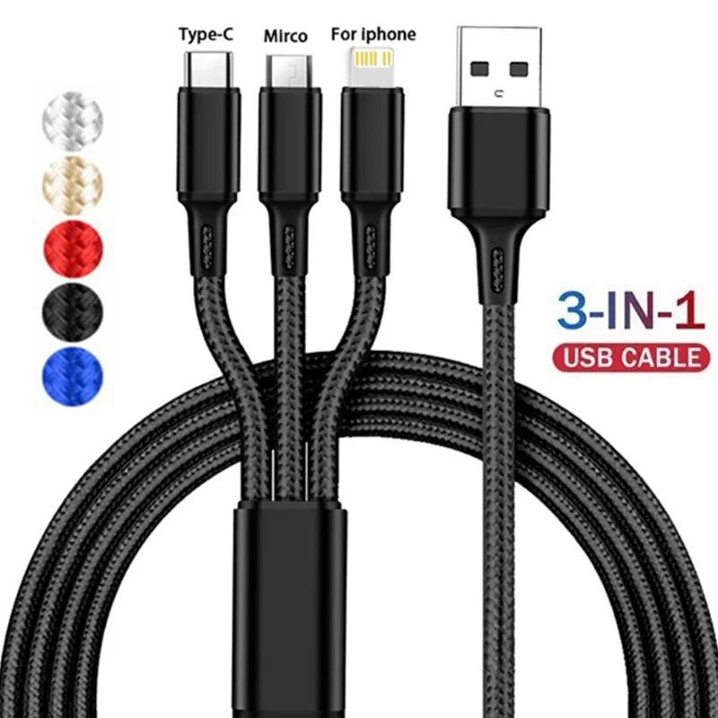 3-in-1 braided USB cable with connectors for Type-C, Micro USB, and iPhone. Available colors: silver, gold, red, black, blue. Each connector is labeled for ease of use.