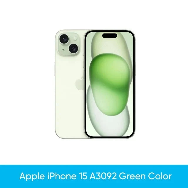Green iPhone 15 with dual rear cameras and a front screen displaying a green and white abstract wallpaper, showcasing the phone's sleek design.