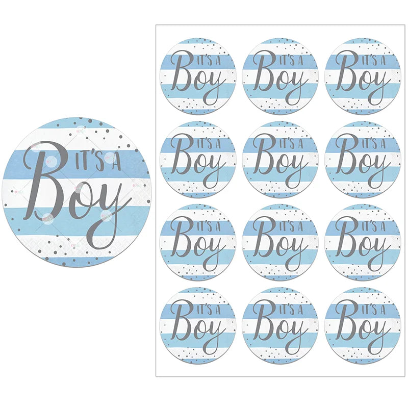 Blue and white striped stickers with "It's a Boy" in elegant script, accented by small black dots, displayed in a sheet of twelve identical round designs.