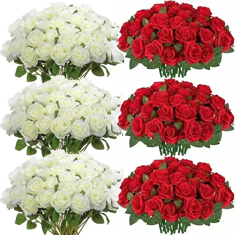 Bouquets of artificial roses in red and white are arranged in two rows. Each row has three bunches of roses, with lush green leaves accompanying the vibrant flowers.