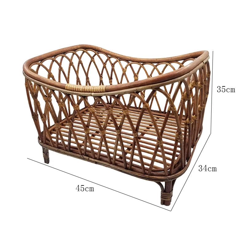 A small brown wicker basket with dimensions: 45cm wide, 34cm deep, and 35cm tall. The basket features a crisscross pattern and an open top with rounded edges.
