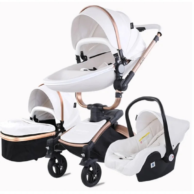 Sleek white and gold modular stroller system with multiple configurations, including a bassinet and car seat attachment. Features black wheels and a minimalist design.