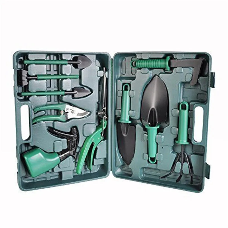 Green gardening tool set in a plastic case featuring various tools including shovels, pruners, and a spray bottle, neatly organized for easy transport and use.