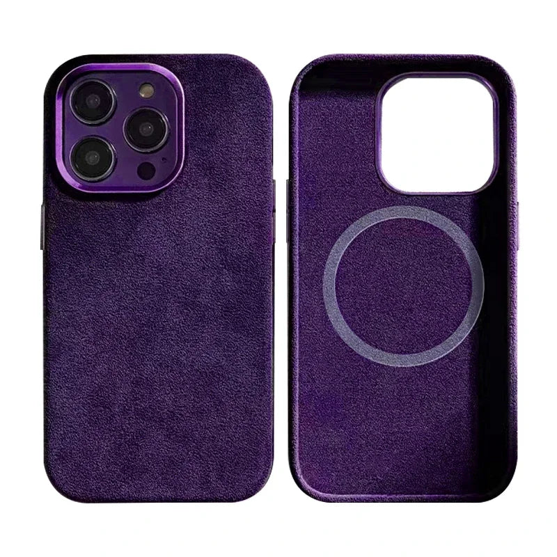 Purple suede-style phone case for iPhone with MagSafe compatibility, shown front and back. The front displays a camera cutout, while the back shows a magnetic ring imprint.