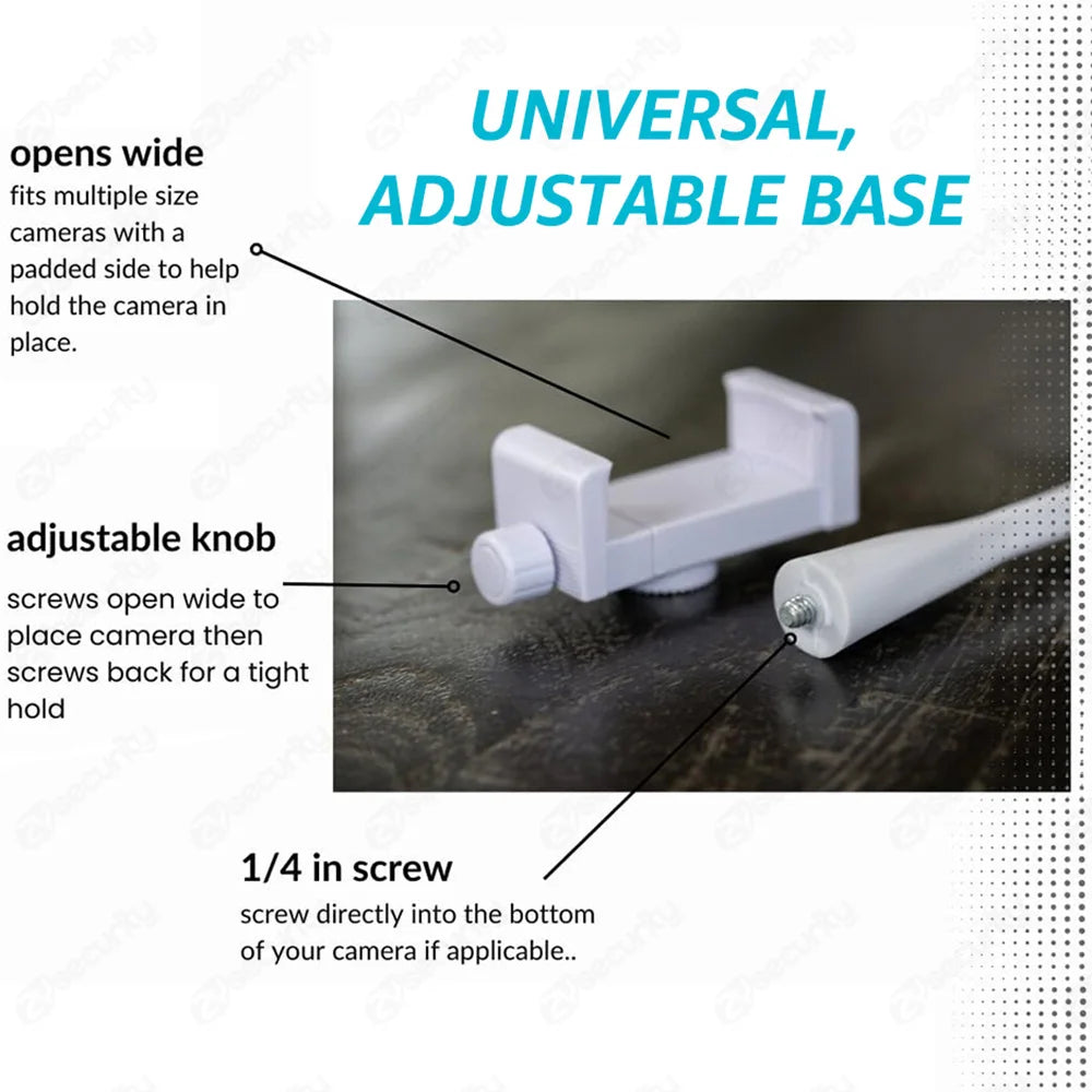 Universal adjustable camera base shown with an open, padded grip, adjustable knob for securing, and a 1/4-inch screw for camera attachment. Blue text highlights features.