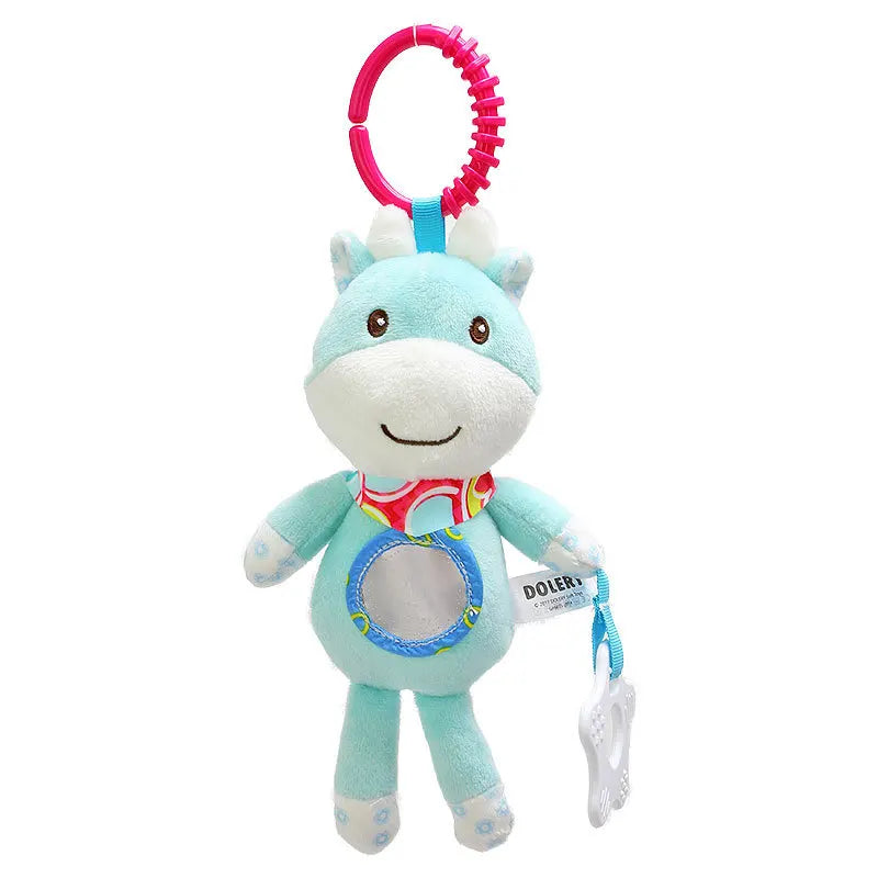 Stuffed blue animal toy with a circular mirror on its belly, colorful scarf, and smiling face, attached to a red teething ring with a white-shaped teether.
