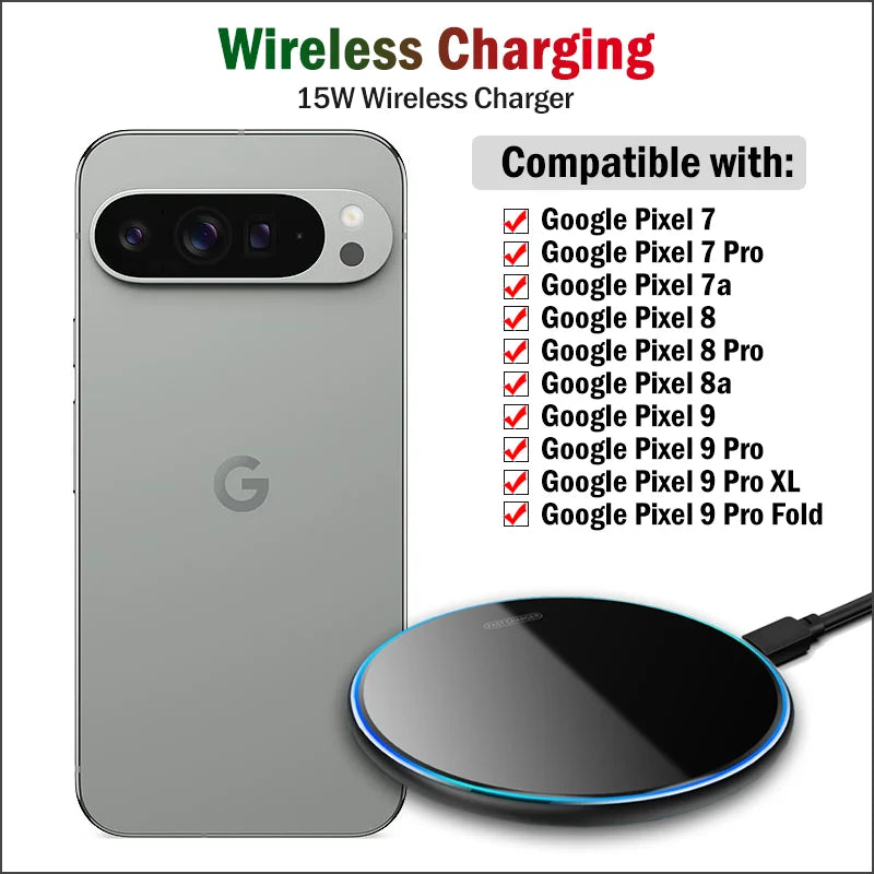 Wireless charger with a smartphone, compatible with various Google Pixel models. The charger is 15W and shown with a glowing blue edge.