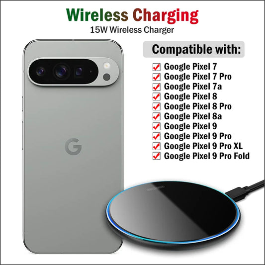 Wireless charger with a smartphone, compatible with various Google Pixel models. The charger is 15W and shown with a glowing blue edge.