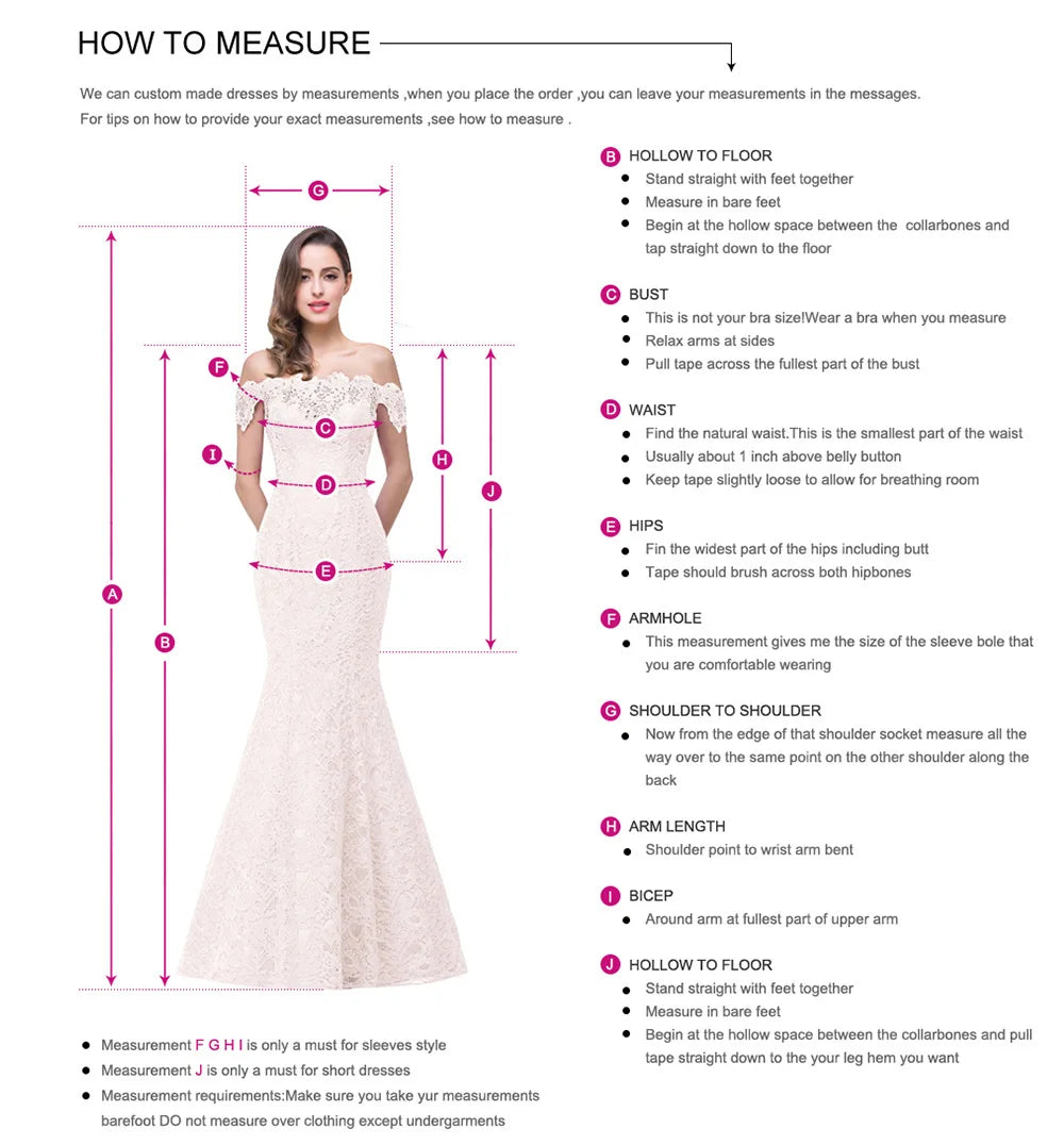 Image showing a guide for measuring dress dimensions with a model in a white gown. Tips include measuring bust, waist, hips, armhole, shoulder, arm length, and hollow to floor.