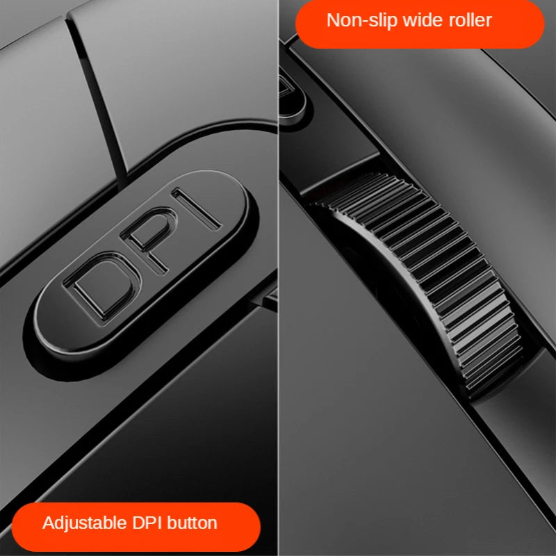 Close-up of a black computer mouse featuring an adjustable DPI button and a non-slip wide scroll wheel, highlighted with orange labels.