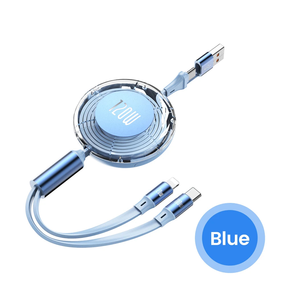 Blue retractable 120W charging cable with USB and dual connectors. Set against a white background with a blue circle labeled "Blue" on the side.