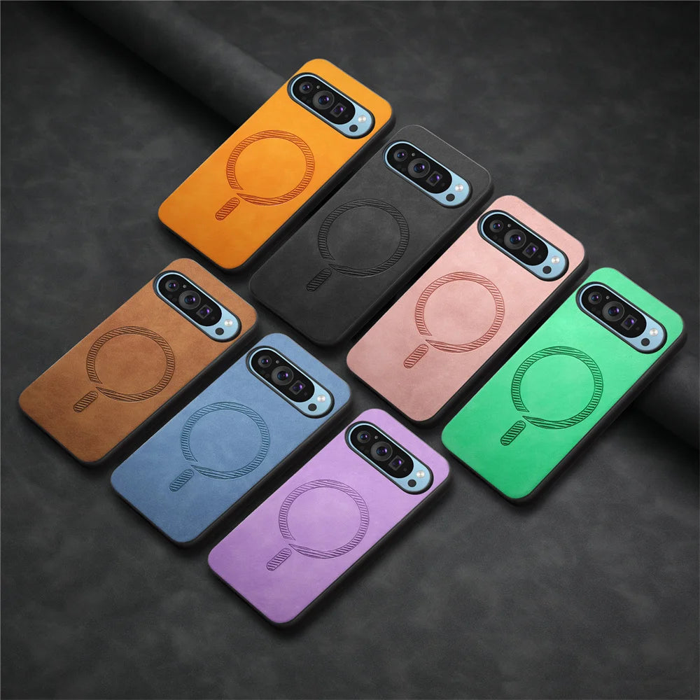 A variety of smartphone cases displayed on a dark surface in a fan arrangement. Colors include orange, black, brown, blue, pink, purple, and green, each with a circular embossed design.