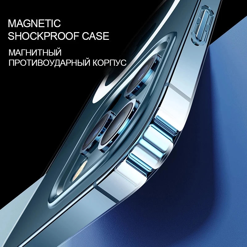 Close-up of a sleek phone with a metallic edge and three camera lenses, showcased in a magnetic shockproof case. Text reads "Magnetic Shockproof Case" in English and Russian.