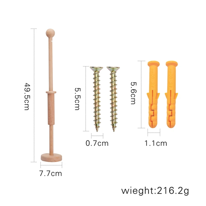 Wooden wall hook with dimensions 49.5cm height, 7.7cm base; two screws, 5.5cm length, 0.7cm diameter; two plugs, 5.6cm length, 1.1cm diameter; total weight 216.2g.