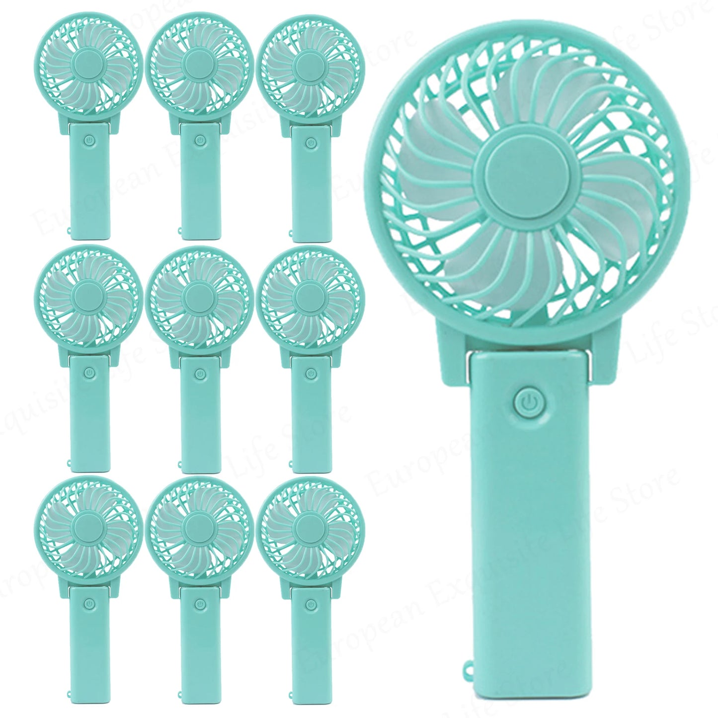Nine teal portable handheld fans with round blades and power buttons displayed, with one fan prominently featured in larger size.