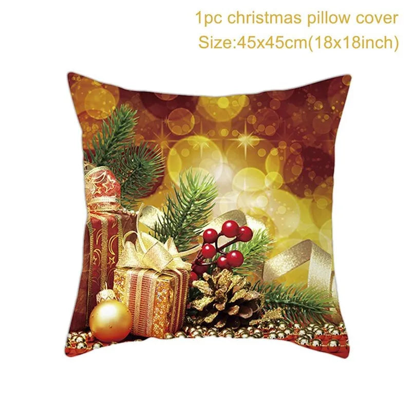 Festive pillow cover with Christmas design featuring wrapped gifts, pine branches, red berries, a pine cone, and golden ornaments on a sparkling background. Size: 45x45 cm.