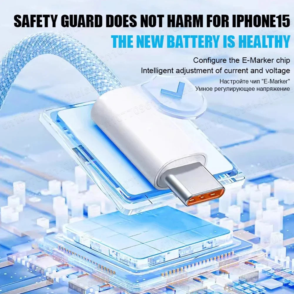 Close-up of a USB-C cable and connector with text promoting safety for iPhone 15 and a healthy battery. Mentions E-Marker chip for intelligent current and voltage adjustment.