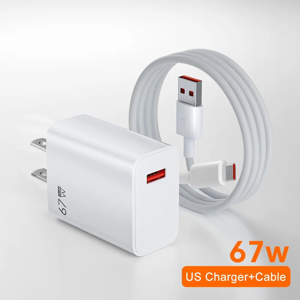 White 67W USB wall charger with red port and matching USB-C cable. Text reads "67W US Charger+Cable" on an orange background.