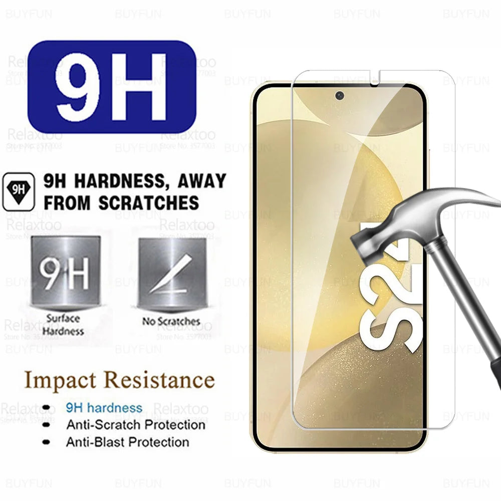 Phone screen protector labeled 9H for hardness, offering anti-scratch and anti-blast protection. A hammer emphasizes its durability, with text highlighting impact resistance.
