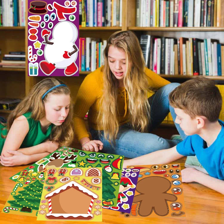 Three children sitting on the floor, surrounded by colorful Christmas-themed sticker sheets, including snowman, gingerbread, and tree designs, in front of a bookshelf.