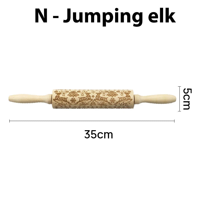 Wooden rolling pin with engraved jumping elk pattern. Dimensions: 35cm length and 5cm diameter.