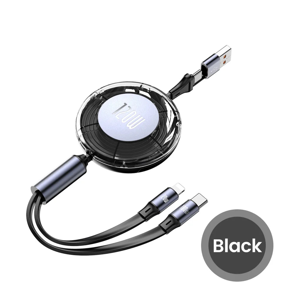 Black retractable USB charging cable with dual connectors and a circular 120W power disc. Featuring a sleek, modern design, ideal for fast charging multiple devices.