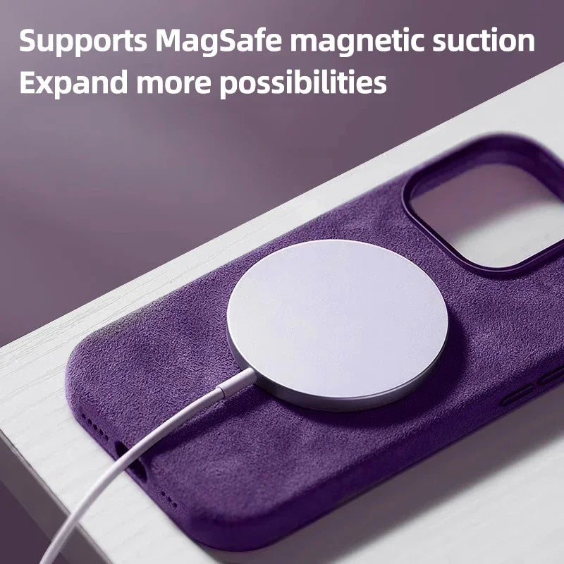 Purple phone case with MagSafe charger attached, resting on a white surface. Text above reads, "Supports MagSafe magnetic suction. Expand more possibilities."
