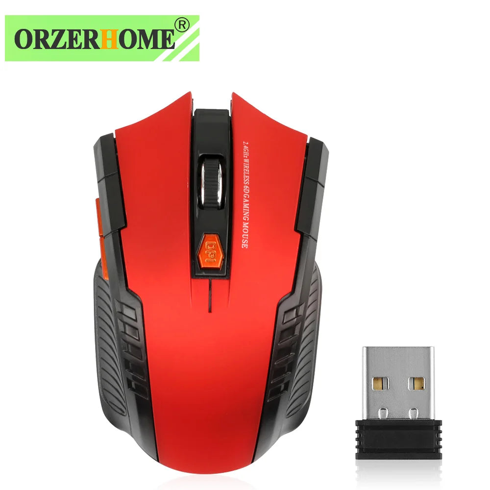 Red wireless gaming mouse with black accents, featuring a scroll wheel and DPI button, alongside a USB receiver. Brand logo "OrzerHome" in green at the top.