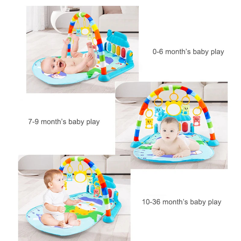 Playmat for babies aged 0-36 months, featuring a colorful arch with hanging toys and a piano. Three images show different stages of baby play: lying, rolling, and sitting.