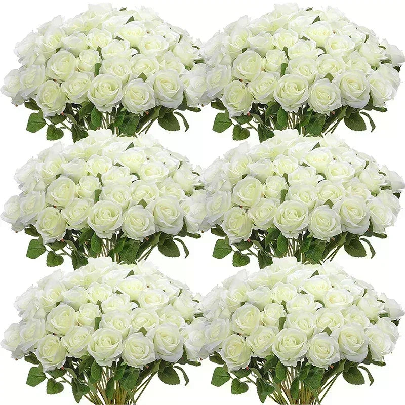Clusters of white roses are arranged in a grid pattern, each bouquet featuring lush blooms and green leaves, creating a symmetrical and abundant floral display.
