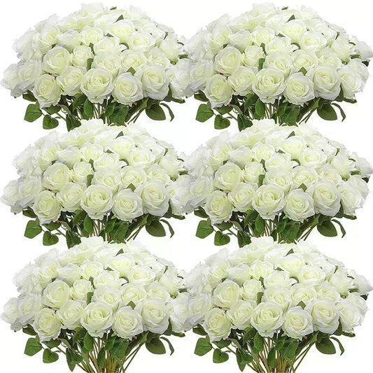 Clusters of white roses are arranged in a grid pattern, each bouquet featuring lush blooms and green leaves, creating a symmetrical and abundant floral display.