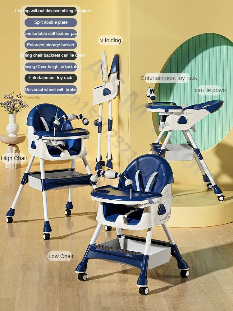 High and low convertible baby chairs in blue and white, featuring folding ability, adjustable height, entertainment toy rack, and storage basket, set on a wooden floor.