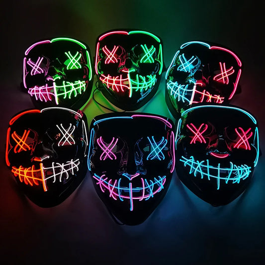 Six black masks with neon outlines and stitched smiles, featuring X-shaped eyes in glowing red, green, blue, pink, and white, arranged in a circular pattern.