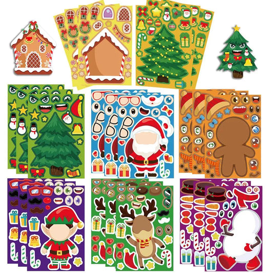 Assorted Christmas-themed sticker sheets with mix-and-match pieces for creating characters like Santa, elves, reindeer, snowmen, trees, gingerbread houses, and festive decorations.
