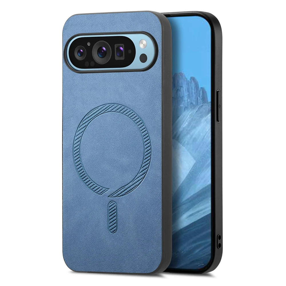 Blue phone case with textured circular design, dual camera cutouts, and side button access, shown on a smartphone with a scenic mountain landscape wallpaper.