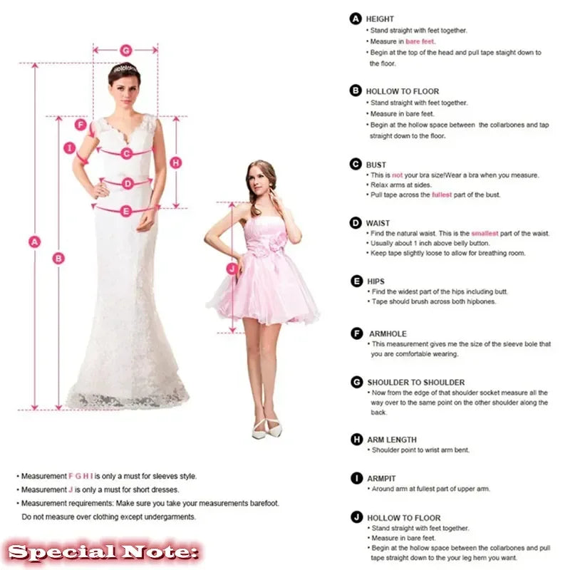 Illustration showing two women in dresses with measurement guidelines. The chart includes instructions for height, bust, waist, hips, and other measurements for dress fitting.