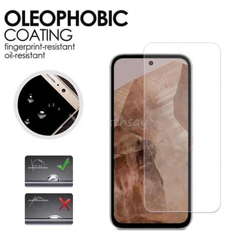 Image of a smartphone with a transparent screen protector. Text highlights "Oleophobic Coating" which is fingerprint and oil-resistant. Diagrams show effective water resistance.