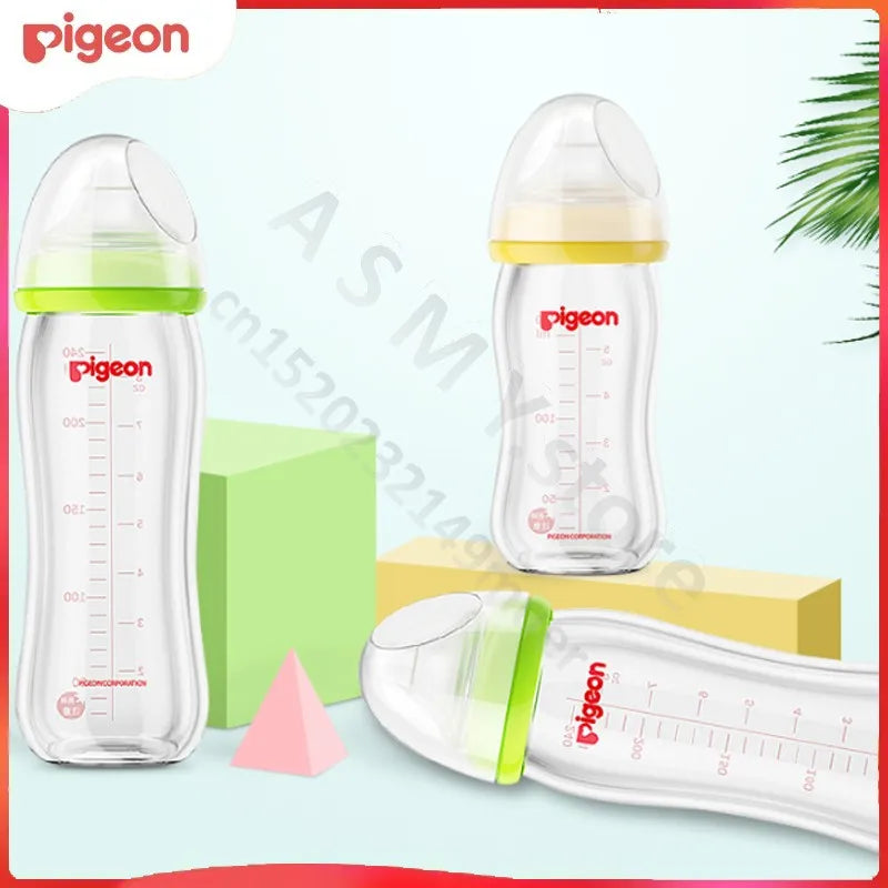 Three Pigeon baby bottles with measurement markings are displayed. Two stand upright with yellow and green lids; one lies down, surrounded by colorful geometric shapes and a palm leaf.