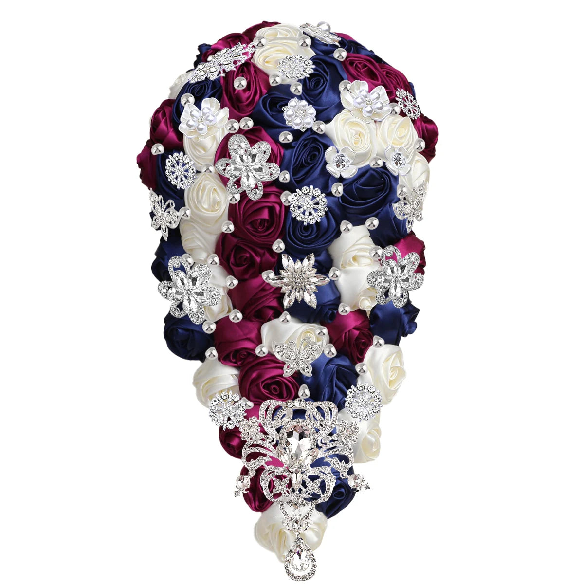 Bouquet of satin roses in navy, burgundy, and ivory, adorned with silver rhinestone brooches and pearls, cascading in an elegant teardrop shape.
