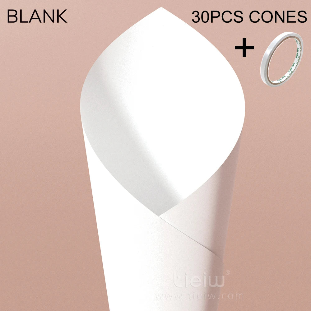 Blank paper cone with text "30PCS Cones" and a roll of tape on a beige background.