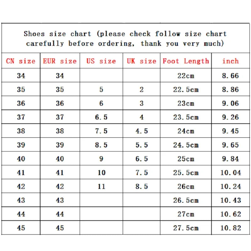 Shoe size chart comparing CN, EUR, US, and UK sizes with foot lengths in cm and inches, for sizes 34 to 45. Guidance is provided to check before ordering.