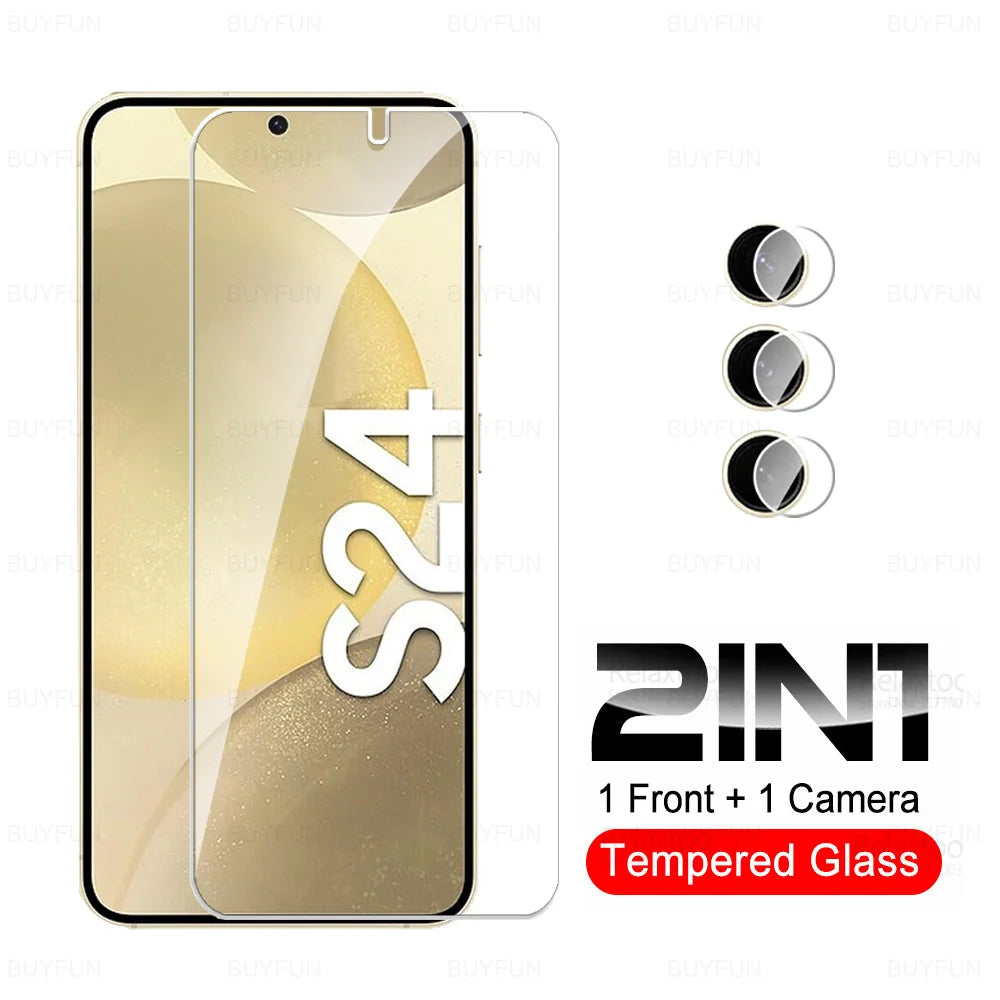 Smartphone with "S24" on display, featuring a clear screen protector and three camera lens protectors. Text reads "2 in 1, 1 Front + 1 Camera, Tempered Glass."