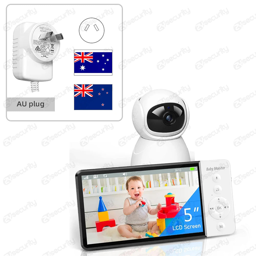 Baby monitor with a 5-inch LCD screen showing a baby playing. Includes a smart camera and AU plug adapter with the Australian and New Zealand flags.